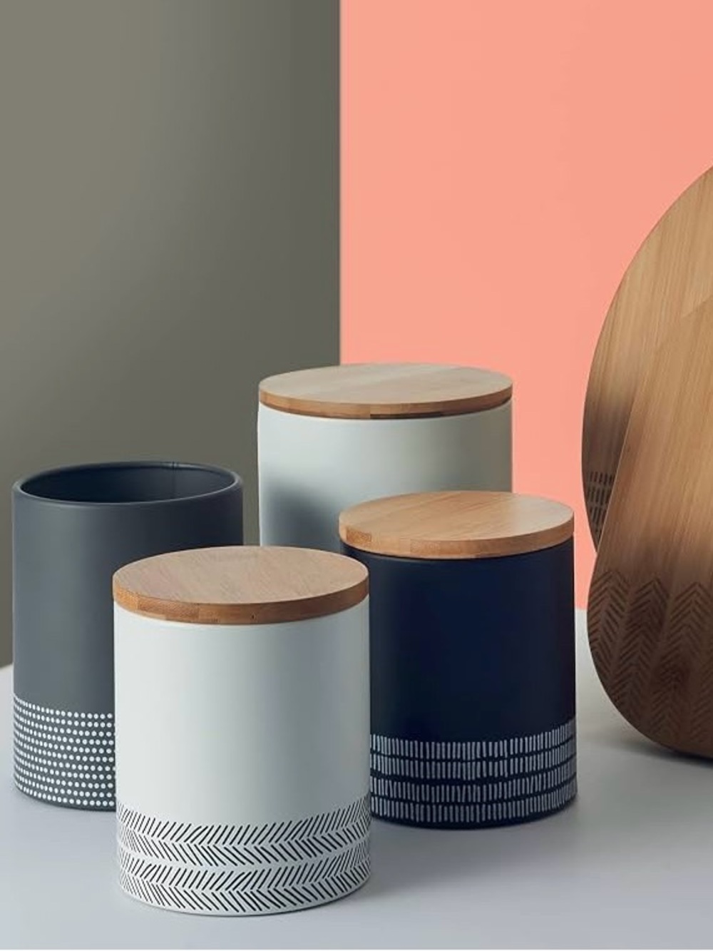 Set of Four Tin Canisters with Bamboo Lids - Neutral and Black